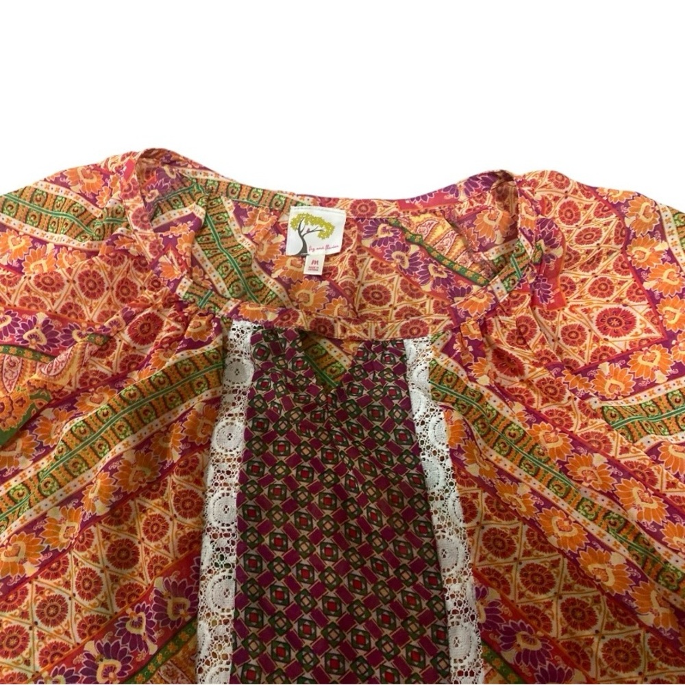 Fig & Flower Paisley Floral Print Boho Blouse Women’s Size M Peasant Sleeve - Picture 2 of 10